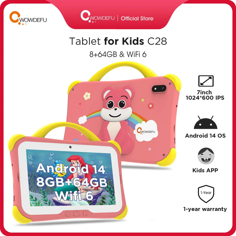 CWOWDEFU 7" Kids Tablet Android 14 8GB 64GB Octa Core WiFi6 Google Play Children Tablets for Girl Education Gift 4000mAh Hebrew