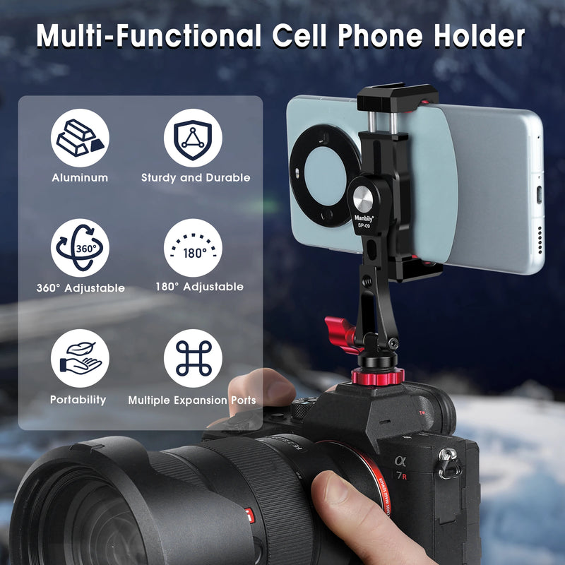 Manbily Metal Phone Holder Clamp with Hot Shoe 360° Rotatable Tripod Adapter Mount Stand for DSLR Camera Light Monitor phone