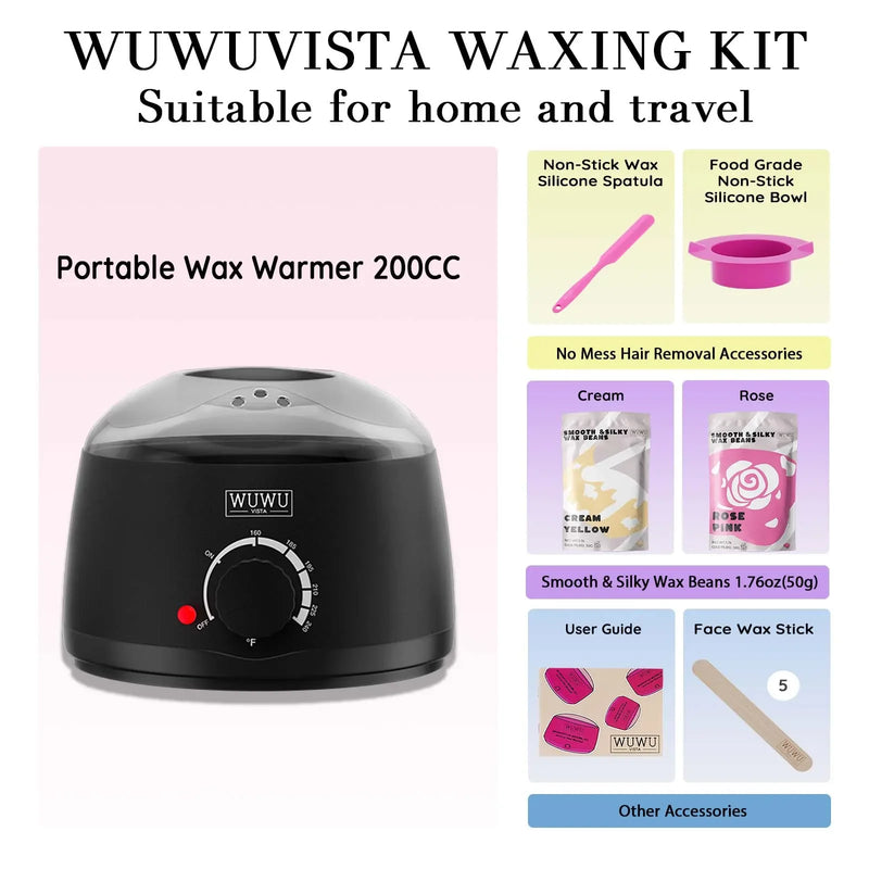 Waxing Kit UK Plug(11 items) WUWUVISTA Hair Removal Wax Kit Wax Melt Warmer Waxing Beads Face/Brazilian/Full Body/Bikini