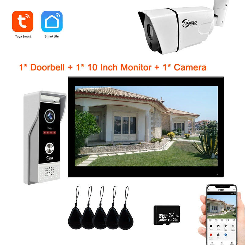 10 Inch Smart Tuya Home Video Intercom Wifi Touch Screen 1080P Video Doorbell Access Control Card Unlcok Door Phone Kit 64G Card