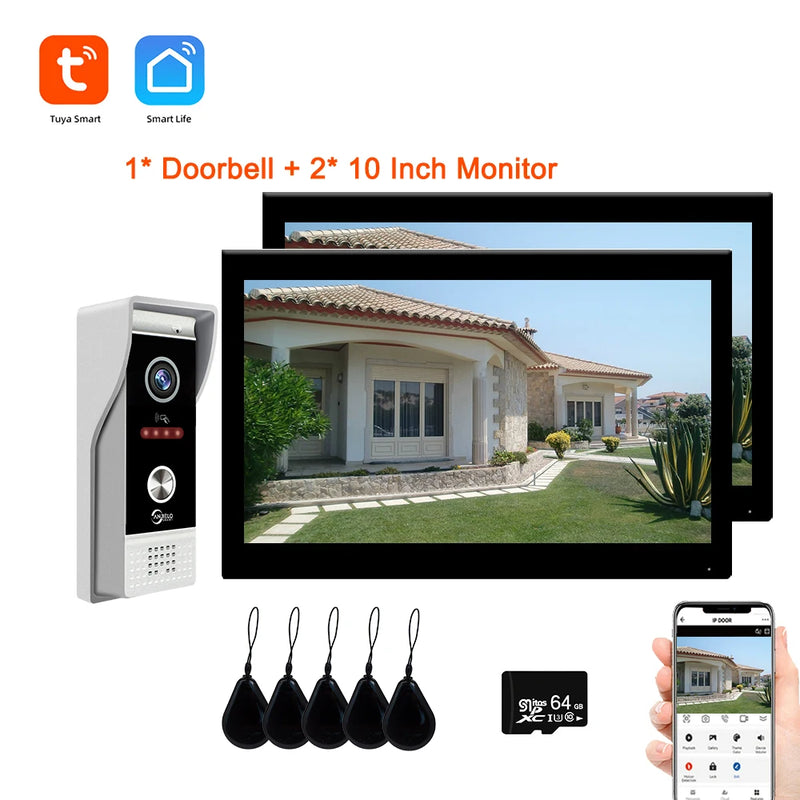 10 Inch Smart Tuya Home Video Intercom Wifi Touch Screen 1080P Video Doorbell Access Control Card Unlcok Door Phone Kit 64G Card