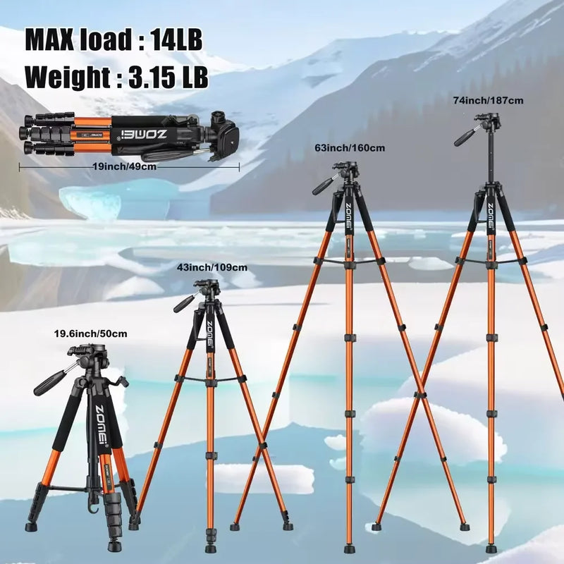 187cm/73.6in Aluminum Zomei Tripod for Mobile Nikon Canon DSLR, 360°Rotatable Professional Camera Tripod for Spotlight & Video