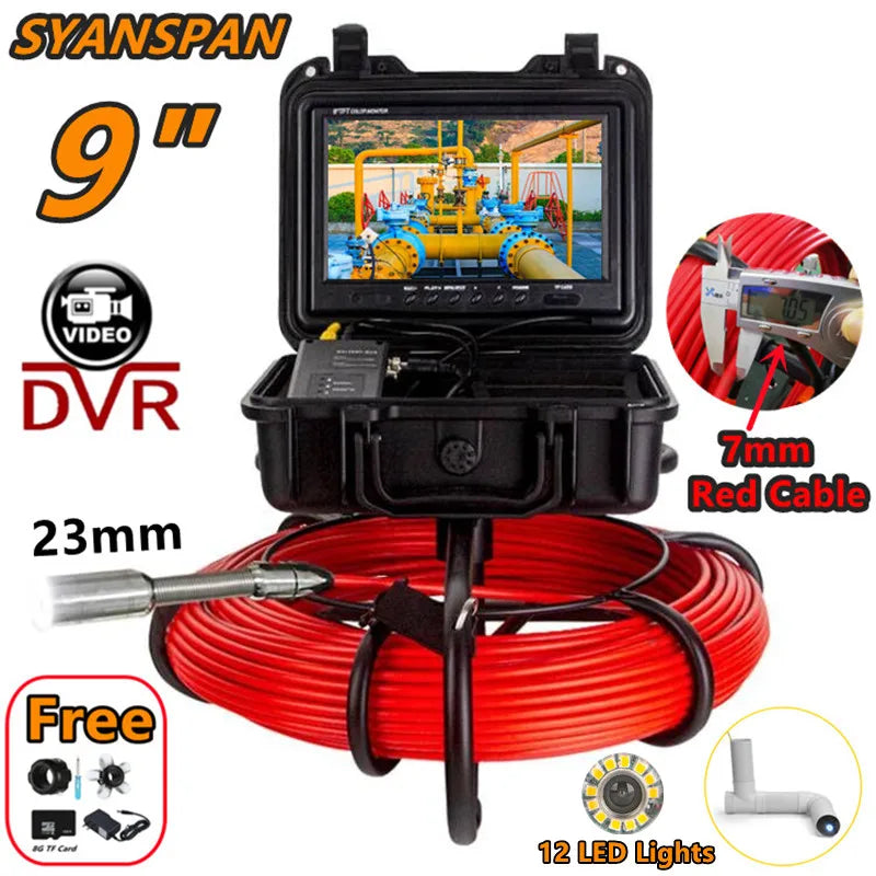 9" DVR 20/30/50/100M HD Screen SYANSPAN Pipe Inspection Camera,7mm Diameter IP68 Drain Sewer Pipeline Video Industrial Endoscope