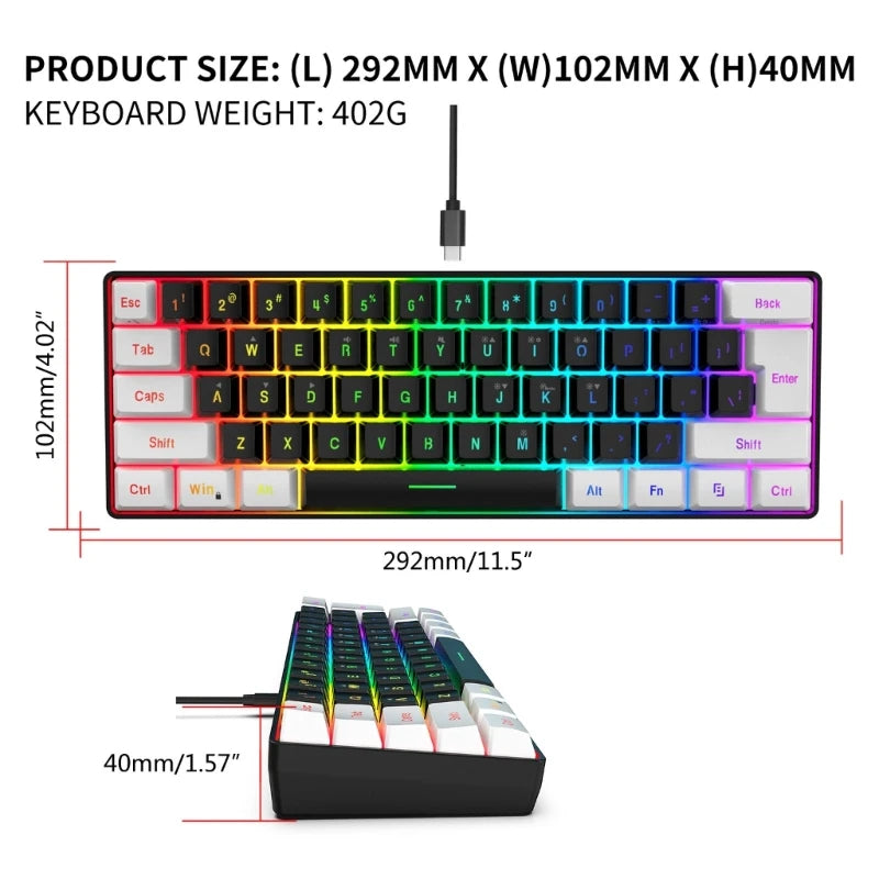 USB Wired Gaming Keyboard 61 Keys Compact Mini Office Keyboard for PC and Desktop Computer Keypad Compound Function