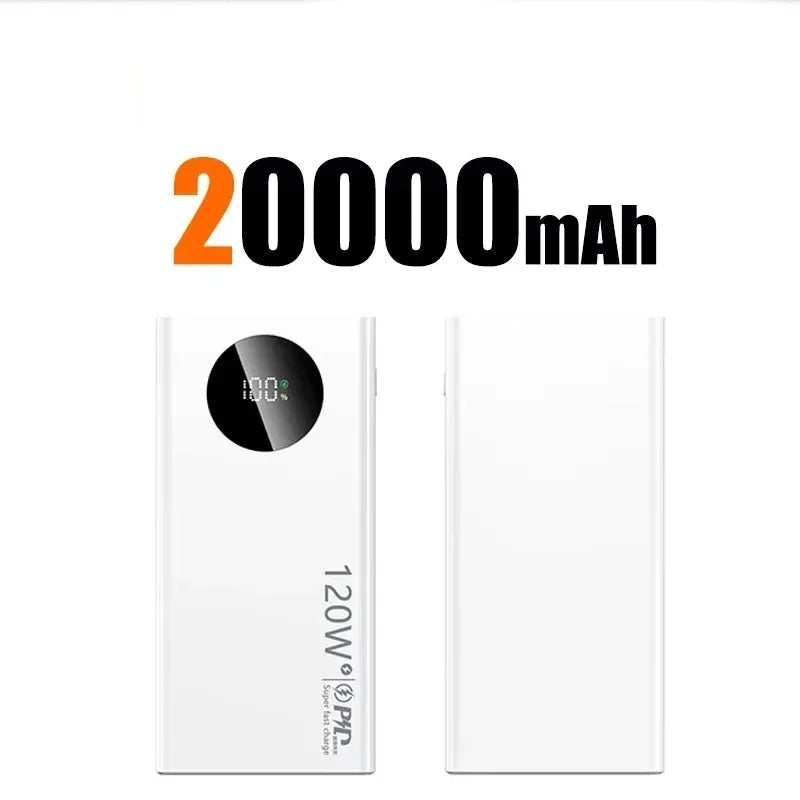 Large Capacity Mobile Power Bank, 20000mAh, 120W, Fast Charging, Portable Battery Charger for iPhone, Samsung, Huawei, Xiaomi