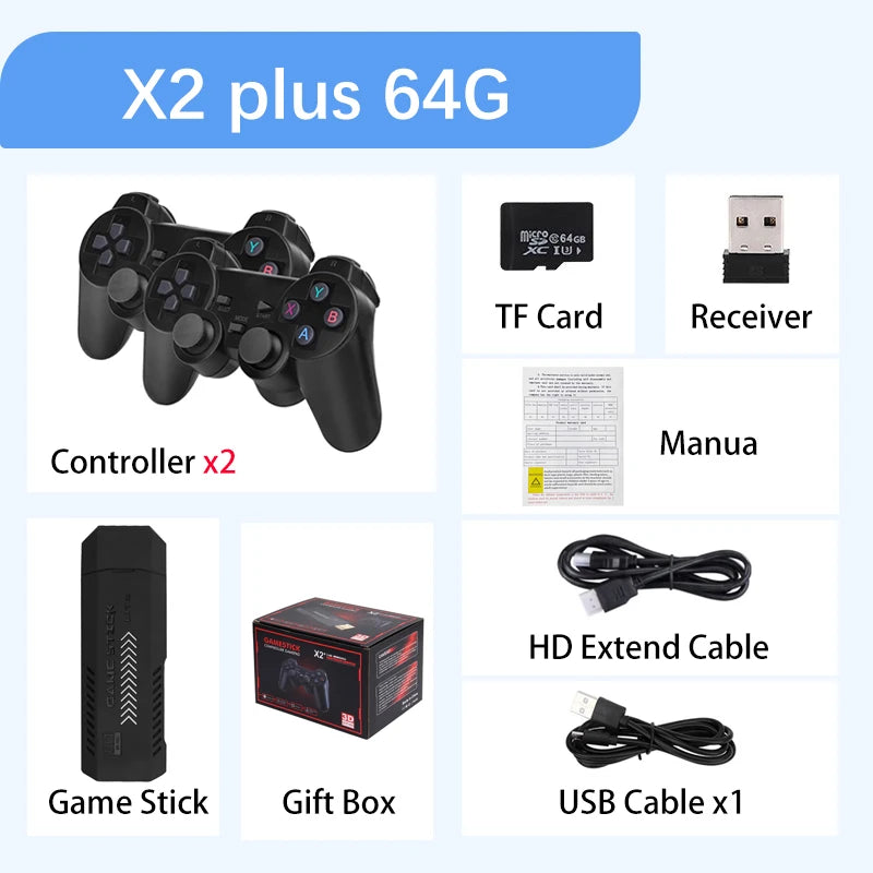 New X2 Plus Game Stick 4K HD Video Game Console 2.4G Double Wireless Controller Game Stick For N64/PSP/PS1/GBA