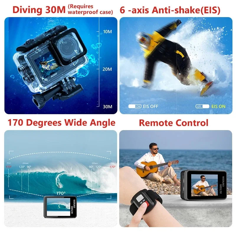 AUSEK S81TRW Action Camera 5K 4K60FPS 48MP DVR EIS With Optional Filters 5X Zoom 1080P Webcam Vlog Wi-Fi Sports Cam With Remote