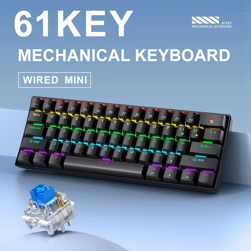 APAYADO Mini Mechanical Keyboard, 60% Portable Wired Mini Keyboard, 61 Keys Phantom RGB, Black, White, Red/Blue Switch