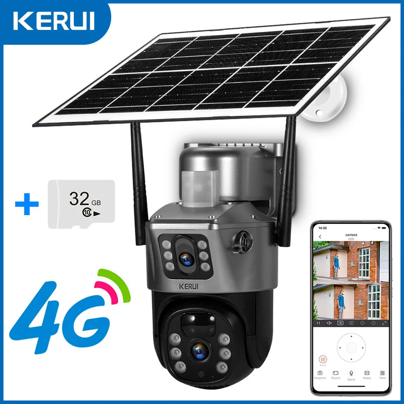 KERUI Outdoor PTZ 4MP 2K 4G SIM WIFI Solar Panel Dual Lens Camera Home Security CCTV Video Surveillance Built-in Battery