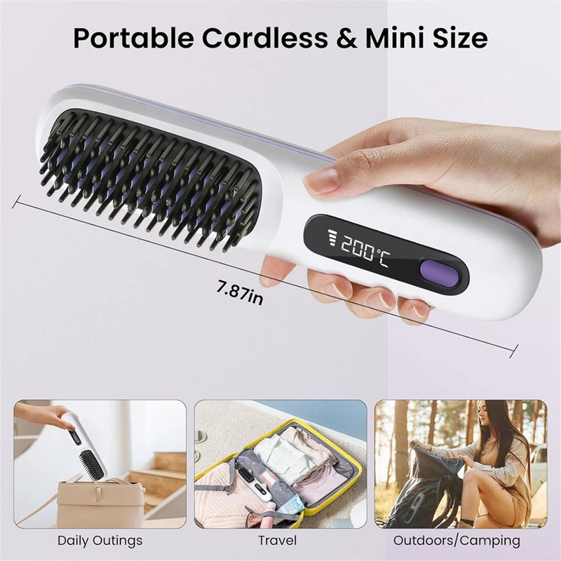 Portable Cordless Hair Straightener Brush with LED Display ,Negative Ion Hot Comb, USB Rechargeable Travel Essential