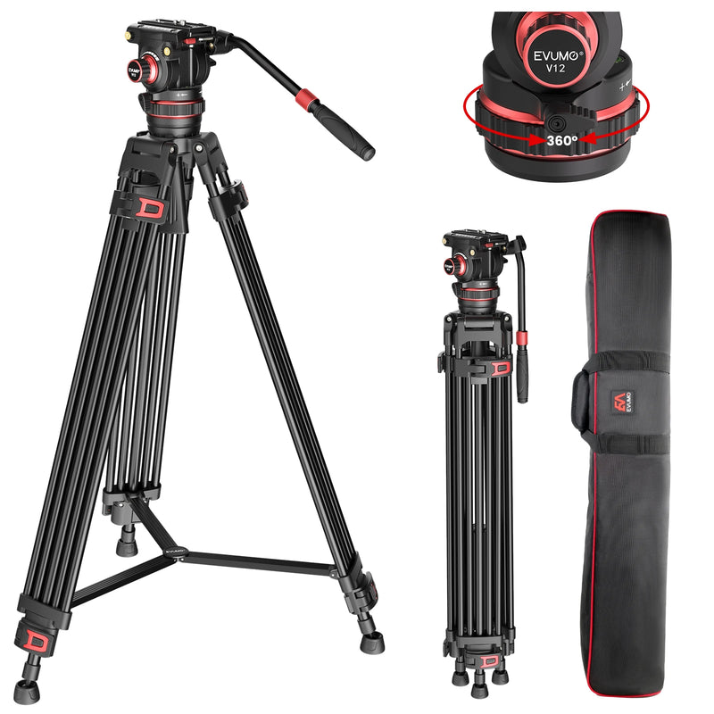 EVUMO DF6 Professional Video Tripod Stand 74'' Metal Heavy Duty Panorama Head 3Section Load 22lb/10kg for DSLR Camera Camcorder