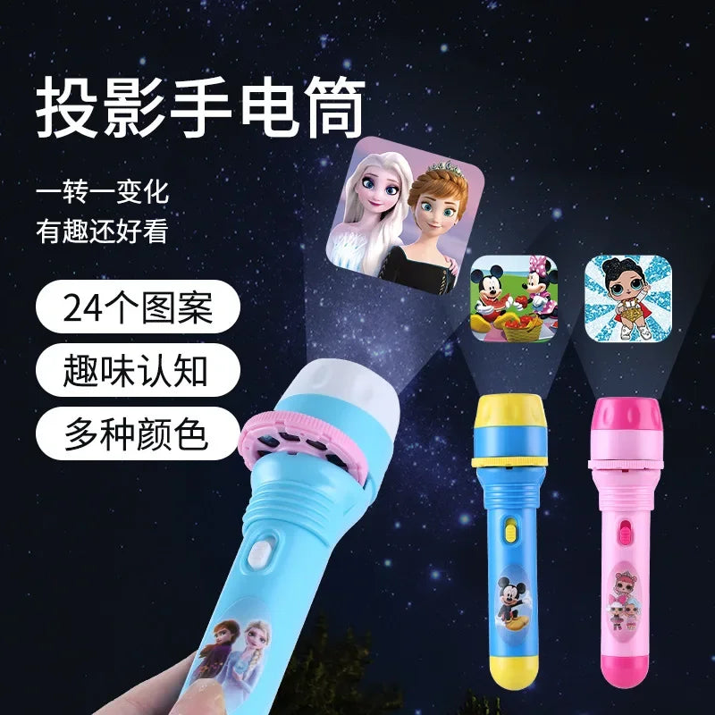 Disney Projection Flashlight Toys Cartoon Lights Spiderman Mickey Frozen Pattern Game Early Childhood Projection Flashlight Gift