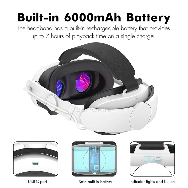 6000mAh Rechargeable Batteries VR Glasses Headband Adjustable Head Strap For Oculus Quest 3 Adjustable Headwear Accessories