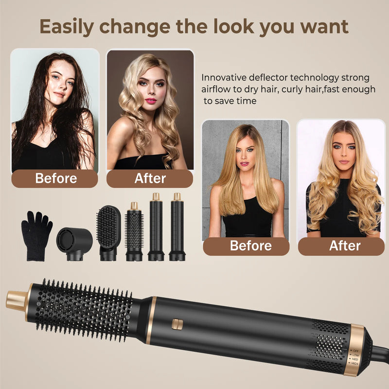 5 In 1 Electric Hair Dryer Brush White gold Blow Dryer Comb Hair Curling Wand Detachable Brush Kit Negative Ion Curler