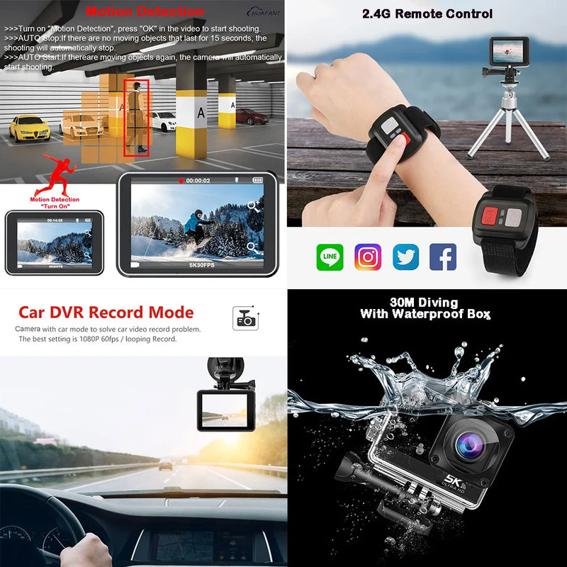 Action Camera F6W Wireless Mic 5K 4K60FPS 48MP 2.2" Touch LCD EIS Dual Screen Wi-Fi 170D Waterproof 30M 8X Zoom Sports Camera