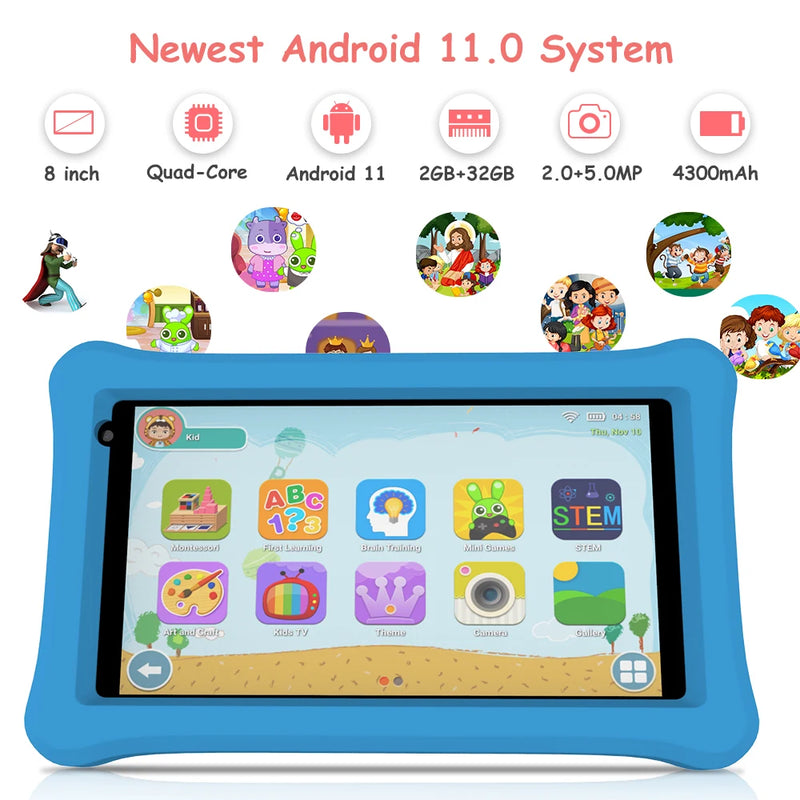 QPS 8 inch tablet android PC 4500mAh 2GB RAM 32GB ROM Children Learning kiddies tablets Kids Tablet with Holder