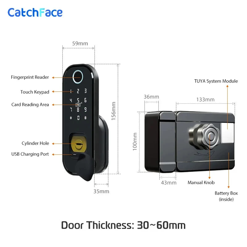 Fingerprint Waterproof Outdoor Garden Lock Remote Control TUYA WIFI App Code Keyless Smart Door Lock Electric Rim Lock