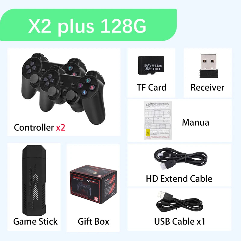 New X2 Plus Game Stick 4K HD Video Game Console 2.4G Double Wireless Controller Game Stick For N64/PSP/PS1/GBA