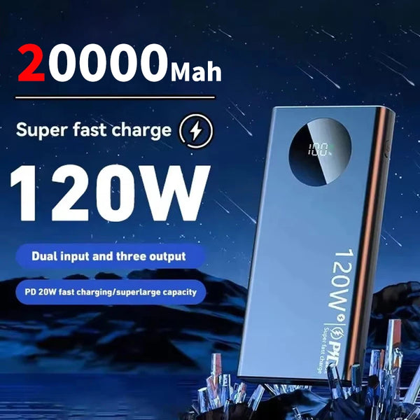 Large Capacity Mobile Power Bank, 20000mAh, 120W, Fast Charging, Portable Battery Charger for iPhone, Samsung, Huawei, Xiaomi