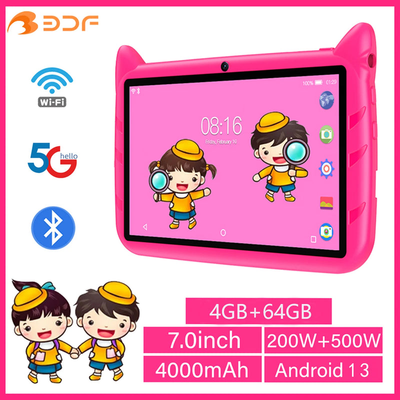 2025 New 7 Inch Kids Tablets Android 13 Quad Core 4GB RAM 64GB ROM 5G WiFi Bluetooth Google Learning Education Tablet PC 4000mAh