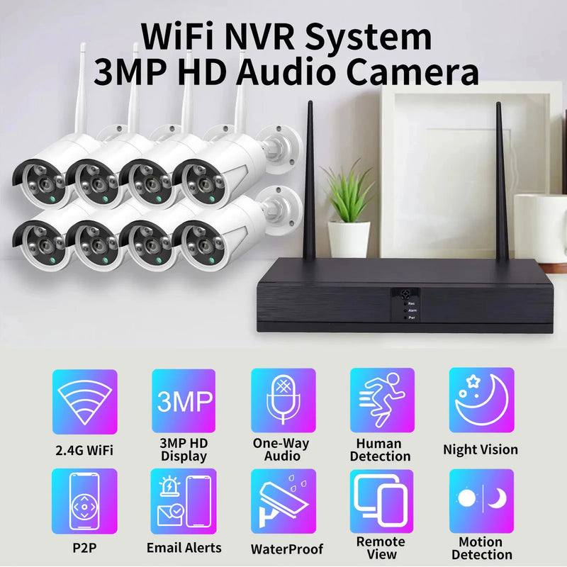 Gadinan 8CH 3MP Wireless NVR Kit Face Detect H.265+ Security System Outdoor Audio Wifi IP Camera Video Surveillance CCTV Camera