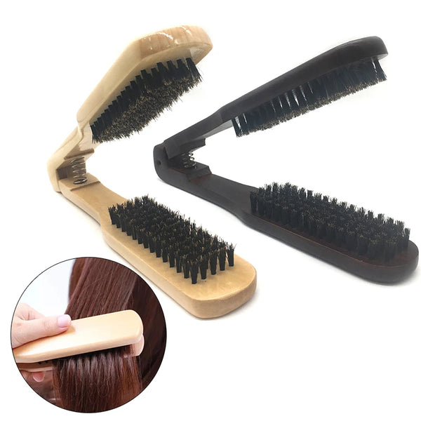 Wood V Folded Hair Straightener Irons Boar Bristles Clamp No Electric Detangler Hair Brush Hairs Styling Tool Double Side