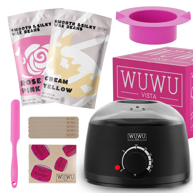 Waxing Kit UK Plug(11 items) WUWUVISTA Hair Removal Wax Kit Wax Melt Warmer Waxing Beads Face/Brazilian/Full Body/Bikini