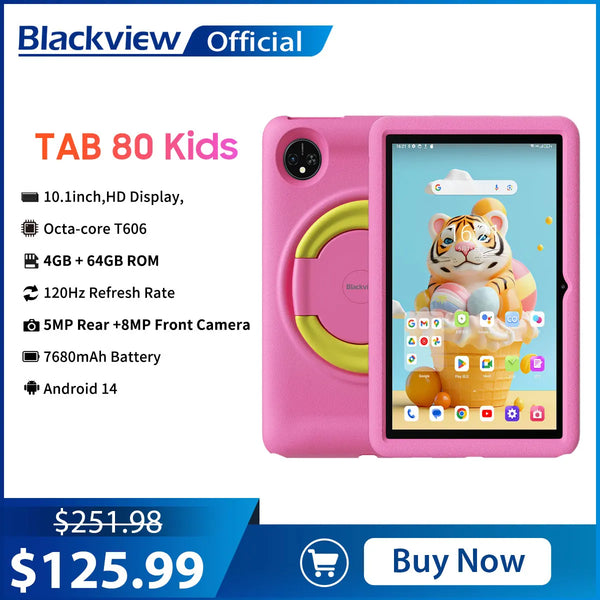 Blackview Tab 80 Kids Tablet,10.1" HD Display 4G WIFI Tablets,4GB+64GB Octa-core T606, 7680mAh Android 14 for Children Education