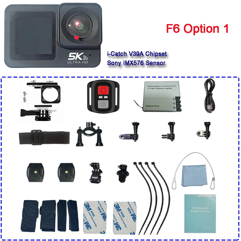 Action Camera F6W Wireless Mic 5K 4K60FPS 48MP 2.2" Touch LCD EIS Dual Screen Wi-Fi 170D Waterproof 30M 8X Zoom Sports Camera