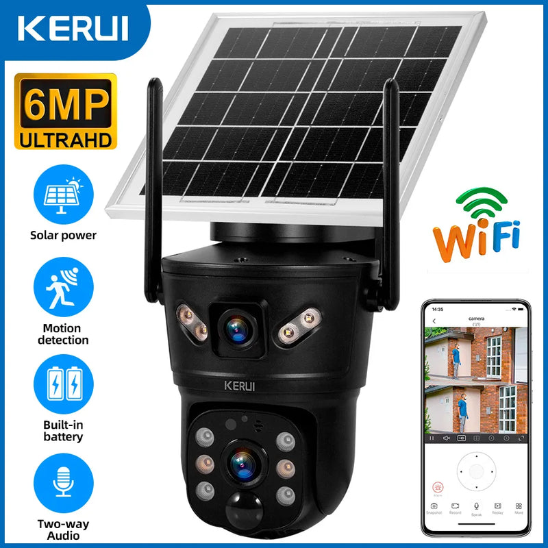 KERUI Outdoor 6MP Solar Camera 4G SIM WIFI Solar Panel Dual Lens Camera Waterproof Home Security CCTV Video Surveillance V380pro