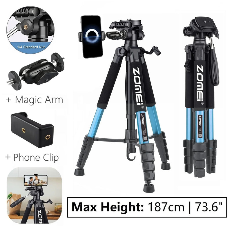 187cm/73.6in Tall Zomei Aluminum Alloy Portable Tripod for Camera DSLR Canon Nikon, 360 Degree Panorama Photography Phone Stand