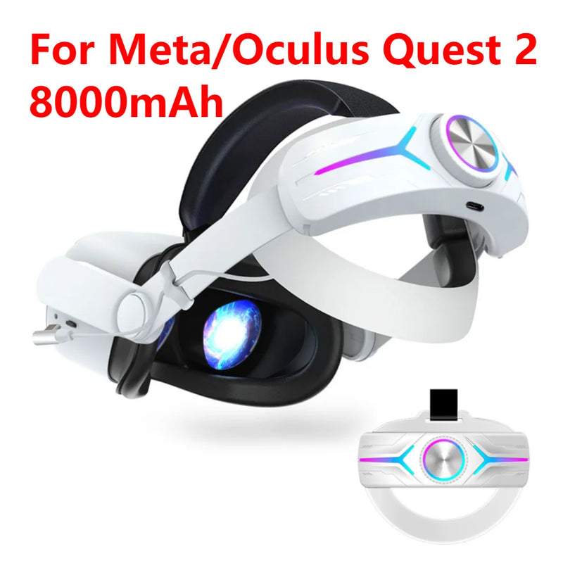 RGB Head Strap Adjustable VR Replacement Strap Battery 8000mAh Enhanced Support and Balance Extend 8h Playtime for Meta Quest 2