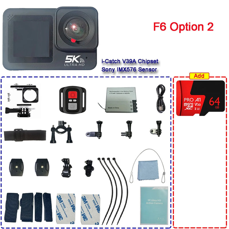 Action Camera F6W Wireless Mic 5K 4K60FPS 48MP 2.2" Touch LCD EIS Dual Screen Wi-Fi 170D Waterproof 30M 8X Zoom Sports Camera