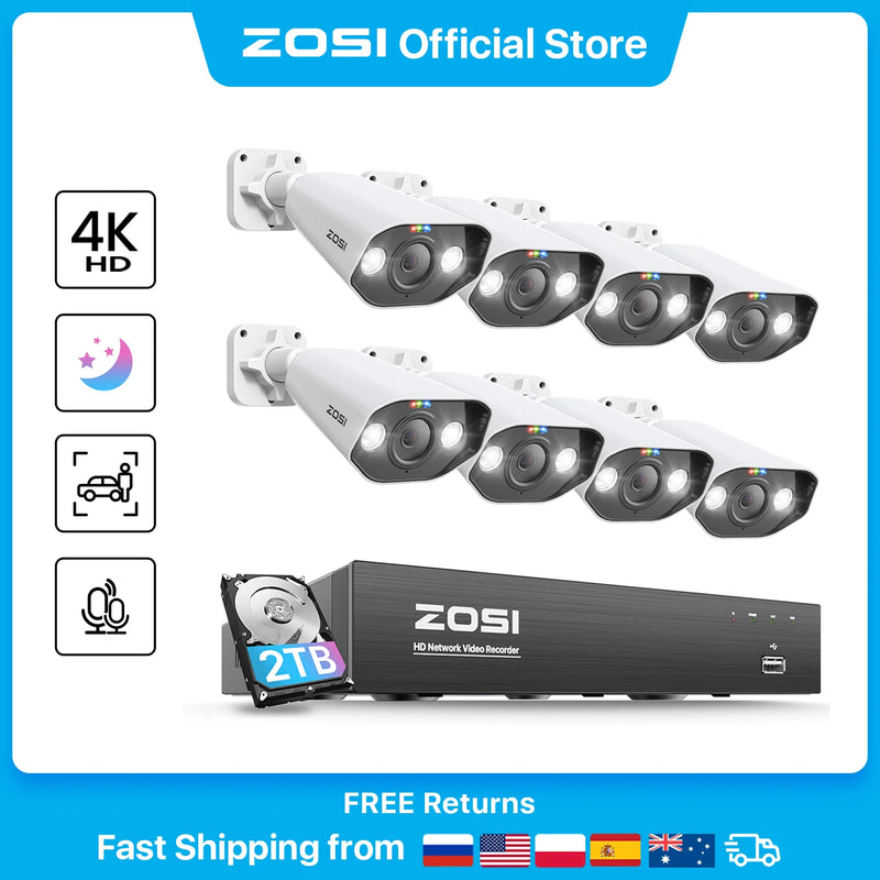 ZOSI 8CH POE Video Surveillance Kit 4K 8MP 5MP Super HD Outdoor IP Cameras AI Starlight Night Vision CCTV Security Camera System