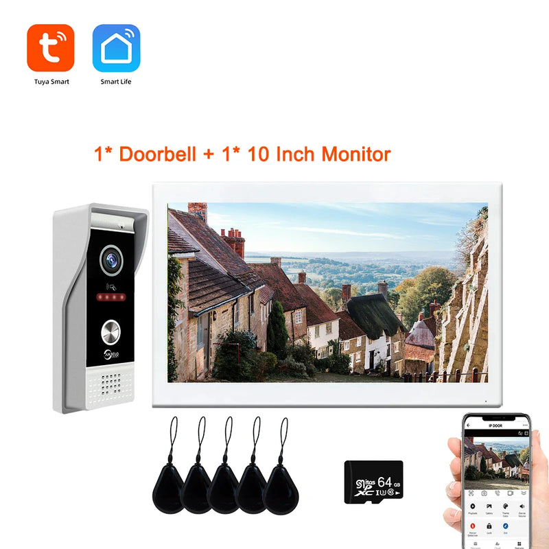 10 Inch Smart Tuya Home Video Intercom Wifi Touch Screen 1080P Video Doorbell Access Control Card Unlcok Door Phone Kit 64G Card