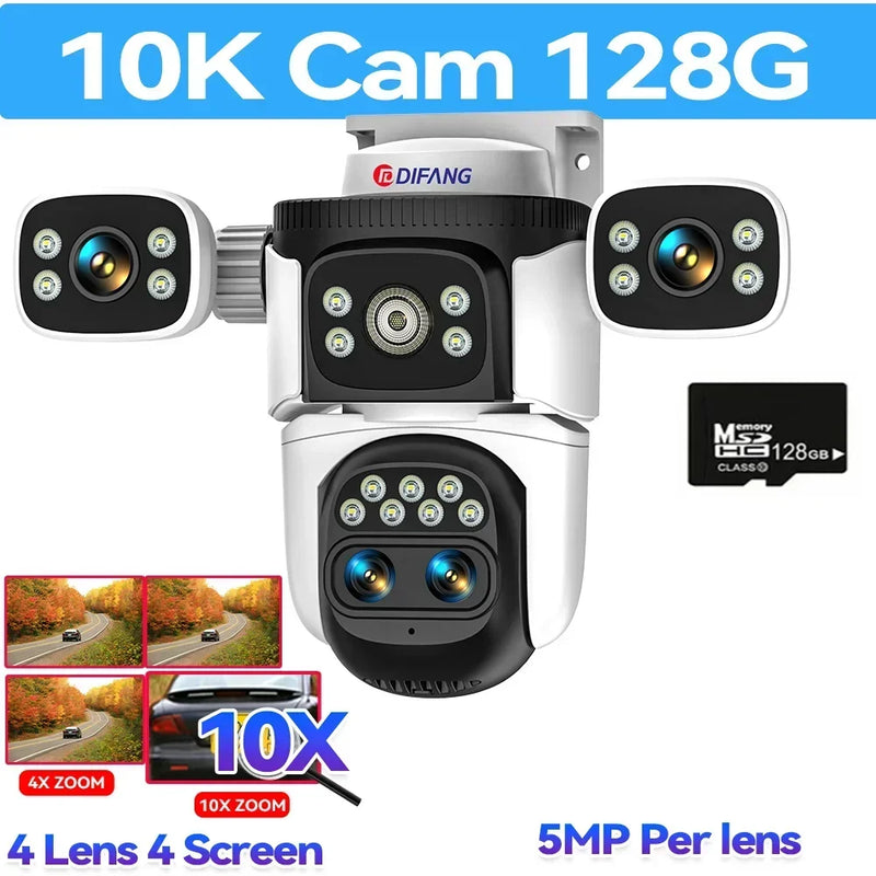 WiFi Camera 10K Four Lens 20MP Four Screens Optical 10X Zoom CCTV Video Camera Auto Tracking 360° Surveillance Security Camera