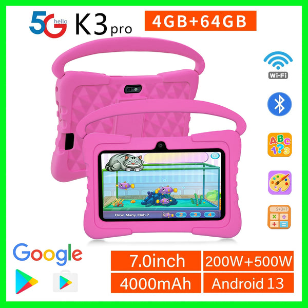 Sauenaneo 7 Inch Kid Tablet Android 13, 4GB(2+2 Expand) RAM 64GB ROM,1TB Expand,1024x600 LCD 4000MAH Battery,Dual Camera, WiFi