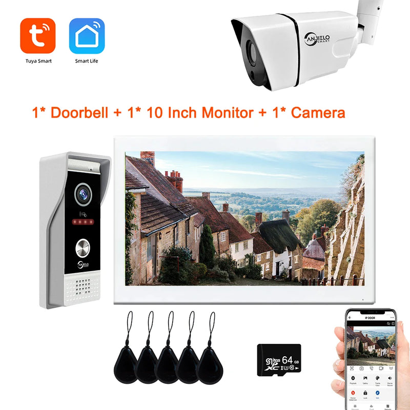 10 Inch Smart Tuya Home Video Intercom Wifi Touch Screen 1080P Video Doorbell Access Control Card Unlcok Door Phone Kit 64G Card