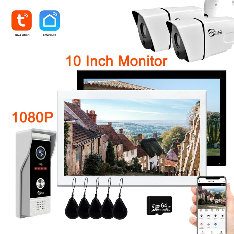 10 Inch Smart Tuya Home Video Intercom Wifi Touch Screen 1080P Video Doorbell Access Control Card Unlcok Door Phone Kit 64G Card