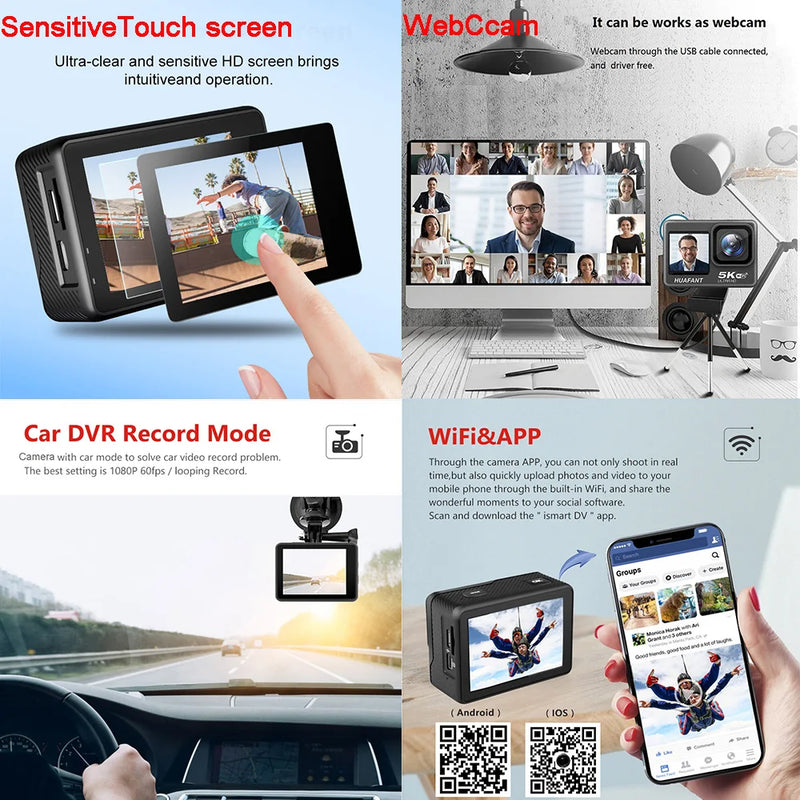 G9SE Action Camera 5K30fps 4K60fps 48MP 2.0 Touch LCD EIS DVR Webcam Dual Screen Wi-Fi 170D Waterproof 30M 5X Zoom Sports Camera