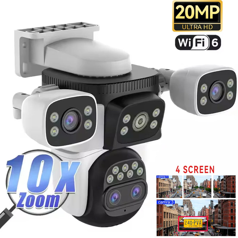 WiFi Camera 10K Four Lens 20MP Four Screens Optical 10X Zoom CCTV Video Camera Auto Tracking 360° Surveillance Security Camera