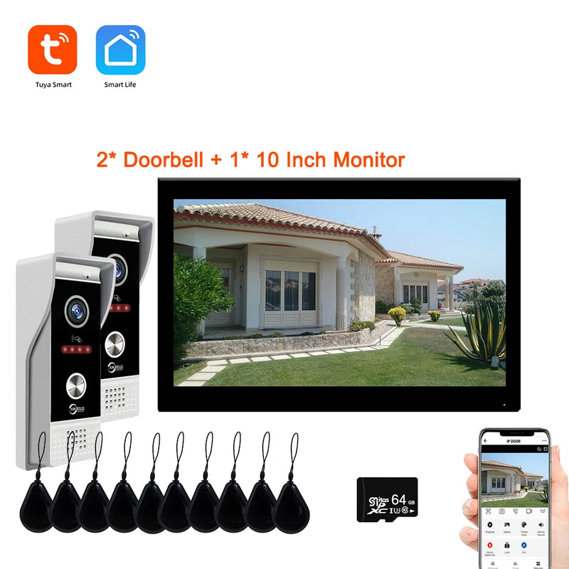 10 Inch Smart Tuya Home Video Intercom Wifi Touch Screen 1080P Video Doorbell Access Control Card Unlcok Door Phone Kit 64G Card