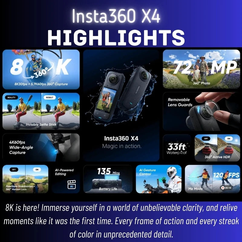 Insta360 X4 360 Action Camera 8K 72MP Magic In Action Active HDR 2.5 TouchScreen Waterproof AI Powered Insta 360 X4 Original Cam