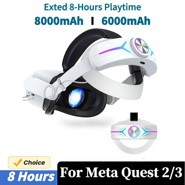 RGB Head Strap Adjustable VR Replacement Strap Battery 8000mAh Enhanced Support and Balance Extend 8h Playtime for Meta Quest 2