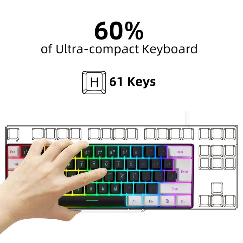 USB Wired Gaming Keyboard 61 Keys Compact Mini Office Keyboard for PC and Desktop Computer Keypad Compound Function