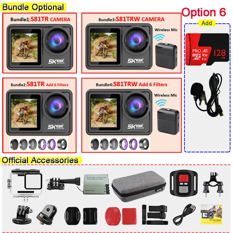 2" IPS Dual Screen Action Camera 5K 30FPS  4K 60FPS 48MP EIS Video With Optional Filter Lens 1080P Webcam Vlog WiFi Sports Cam