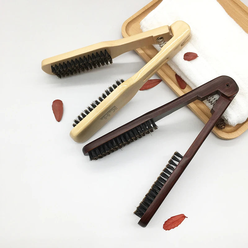 Wood V Folded Hair Straightener Irons Boar Bristles Clamp No Electric Detangler Hair Brush Hairs Styling Tool Double Side