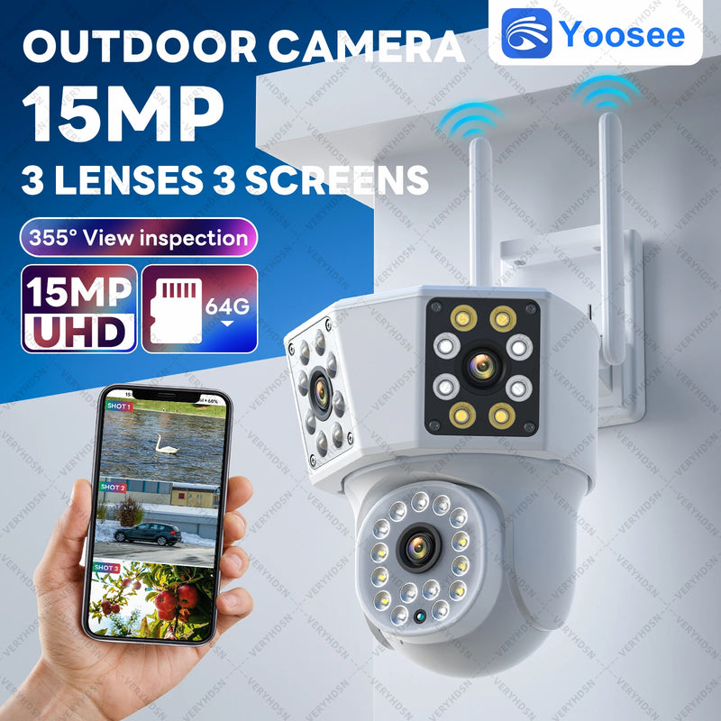 8K 15MP WiFi Outdoor Camera 8X Zoom Three Len Ai Motion Tracking PTZ 6K Video Camera Security Protection Waterproof Surveillance