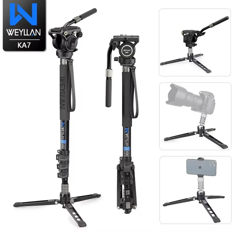 WEYLLAN KA7 Professional Video Monopod Kit Unipod and Fluid Head Travel Tripod Stand Telescopic Handheld Monopod For DSLR Camera