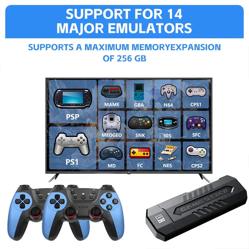 X2PLUS 256G 60000+ Game Stick 4K HD Video Game Console Wireless Controller 2.4G Double ireless Controller Game Stick For N64/PSP